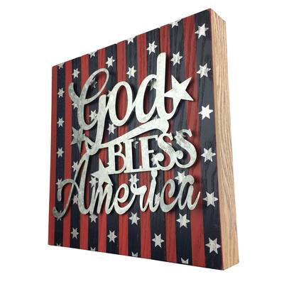 Offex God Bless America WallHanging or Stand on Surface Wooden BoxSign - 10" x 10"