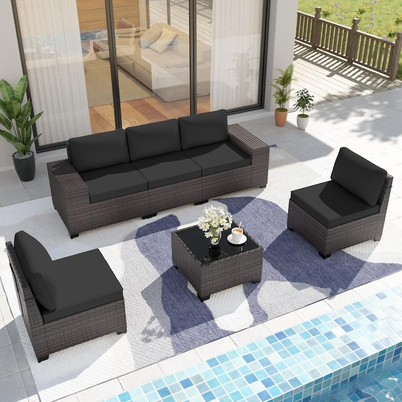 Delnavik Patio Furniture Set Sofa 6-Piece Wicker Sectional Sofa Set, Outdoor Furniture Rattan Patio Sofa Conversation Set