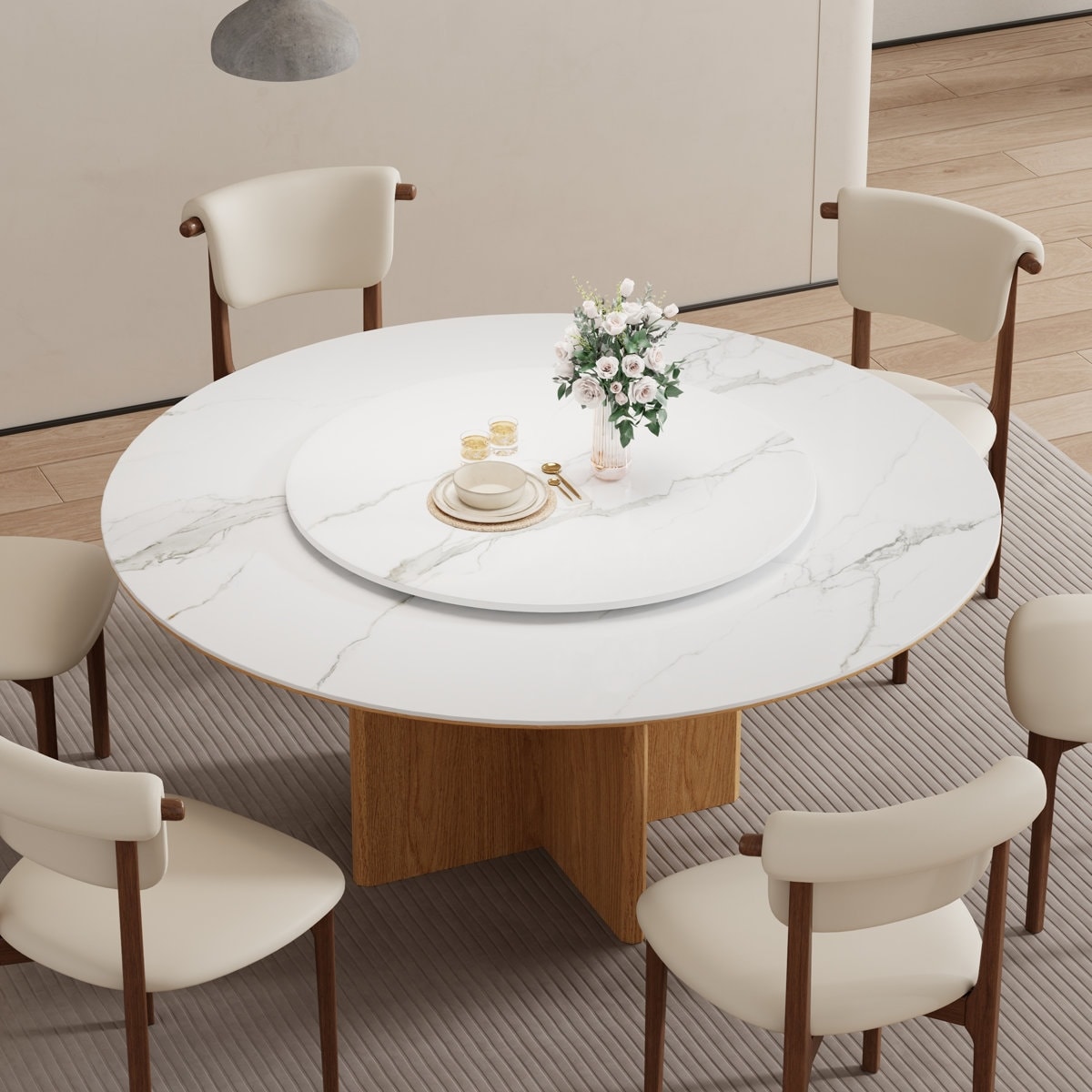 59" Modern Round Dining Table, Glossy White Sintered Stone, Solid Wood for 6-8