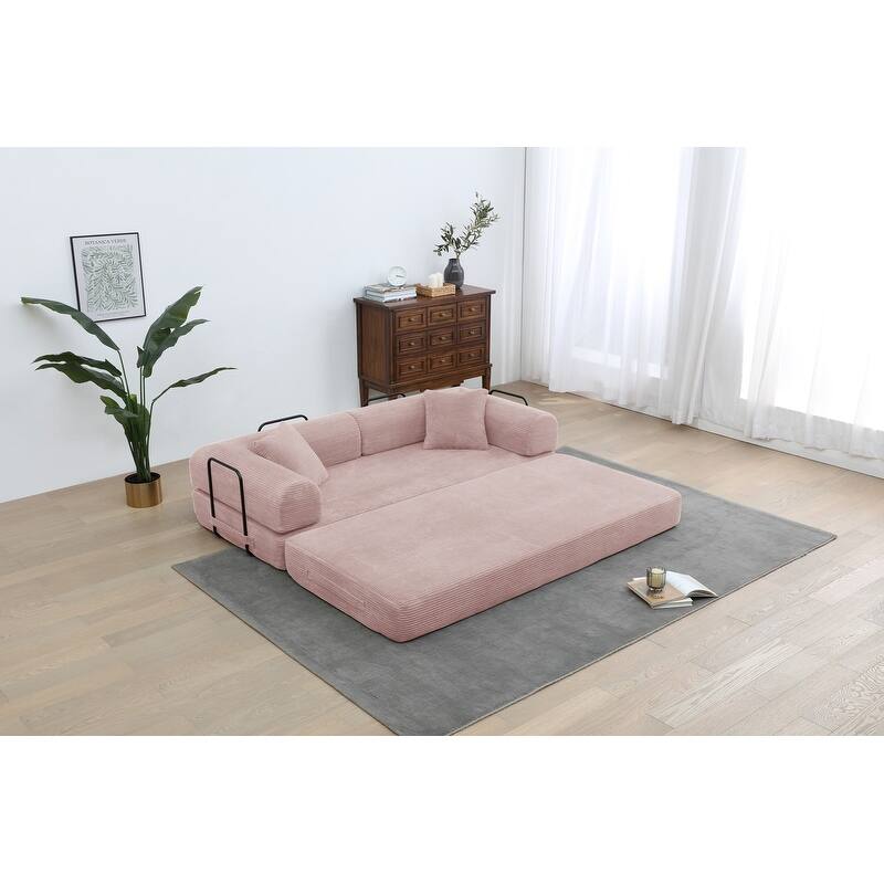 Convertible Sleeper Sofa Bed, Corduroy 3-Seat Fold-Out Couch with Pillow