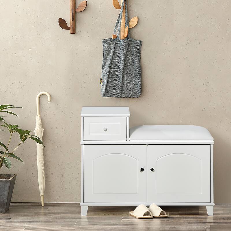 Shoe Storage Bench Cabinet with Fireproof PU Cushion, Double Doors and Movable Drawer Wood
