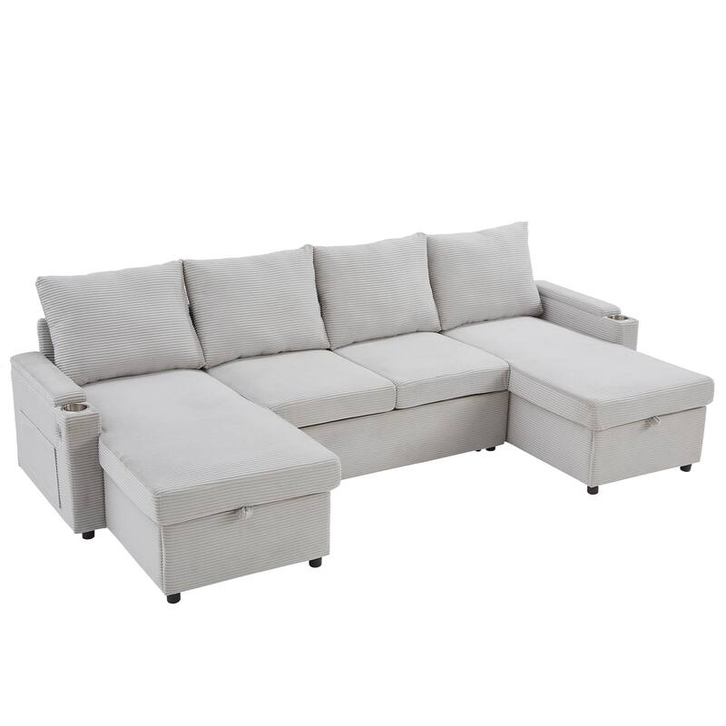 U-Shaped Sectional Sofa Convertible Sleeper Sofa with Dual Storage Chaise Lounges, Cup Holders, USB, Storage Boxes and Pockets