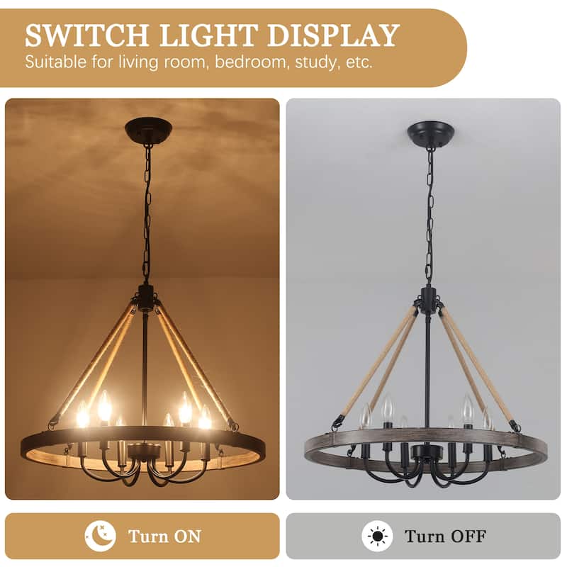 6 - Light Rustic Farmhouse Wagon Wheel Candle Style Chandelier for Living Room Bedroom Dinging Room