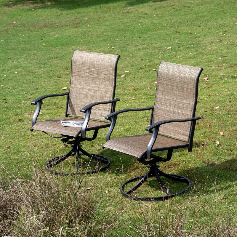 Brown Swivel Textilene and Iron Outdoor Patio Chairs with Powder-coated Finish