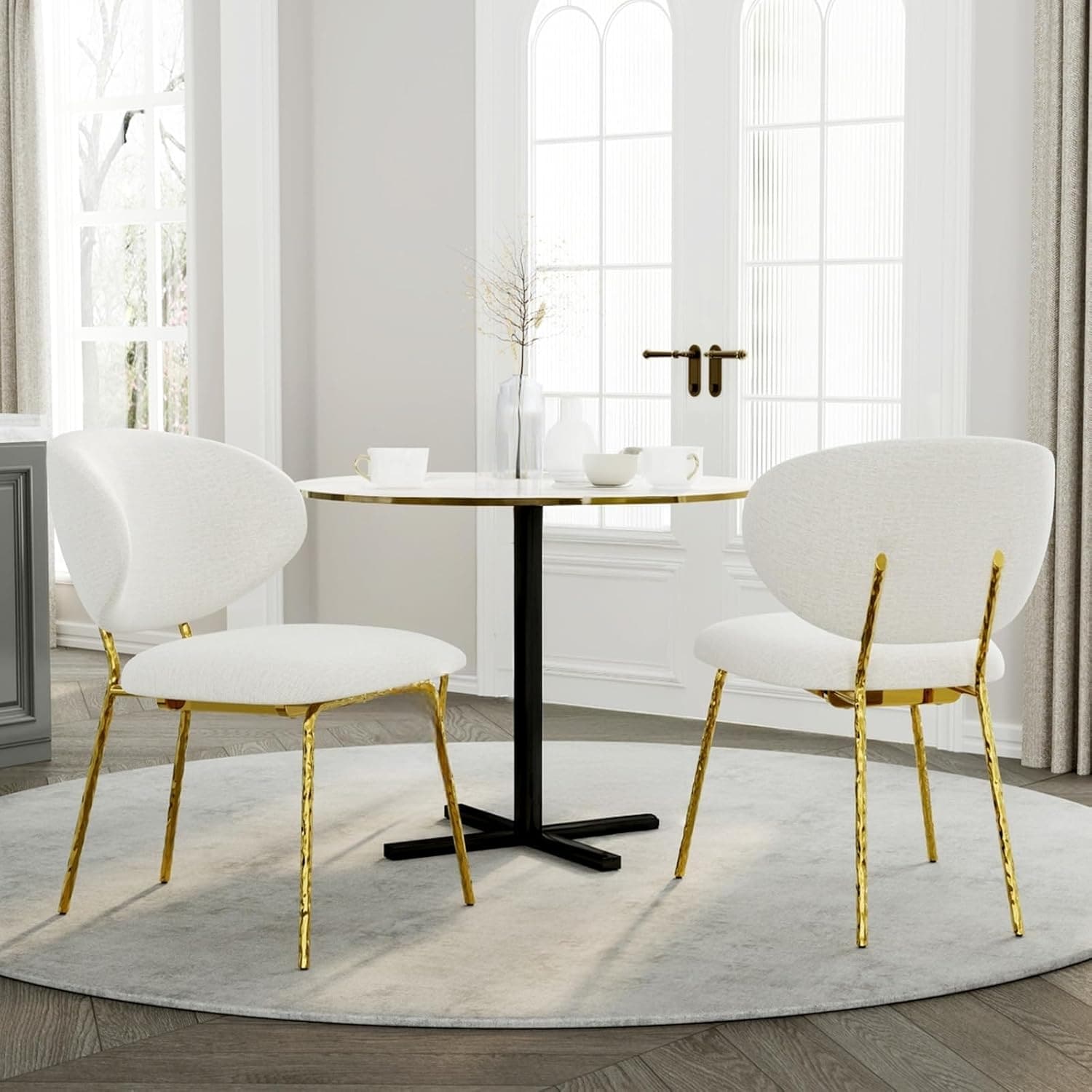 White Velvet Dining Chairs with Hammered Finish Metal Legs