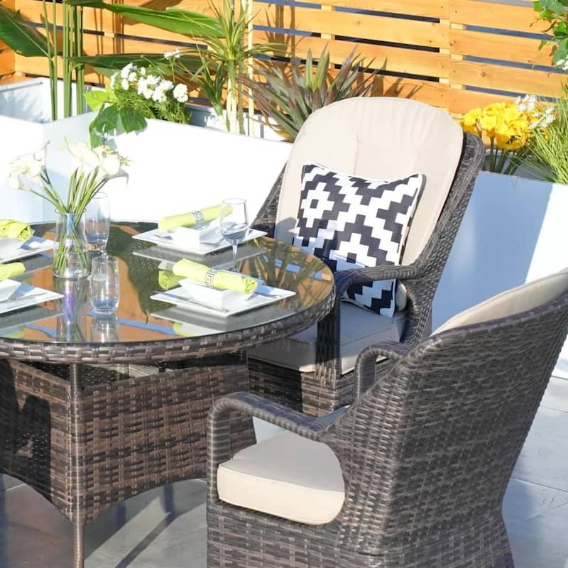 Outdoor 5-piece Aluminum Dining Set with Round Glass Table and 4 Wicker Chairs
