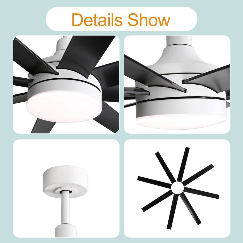 65 Inch LED Black and White Ceiling Fan with Light Remote- 8 Blade