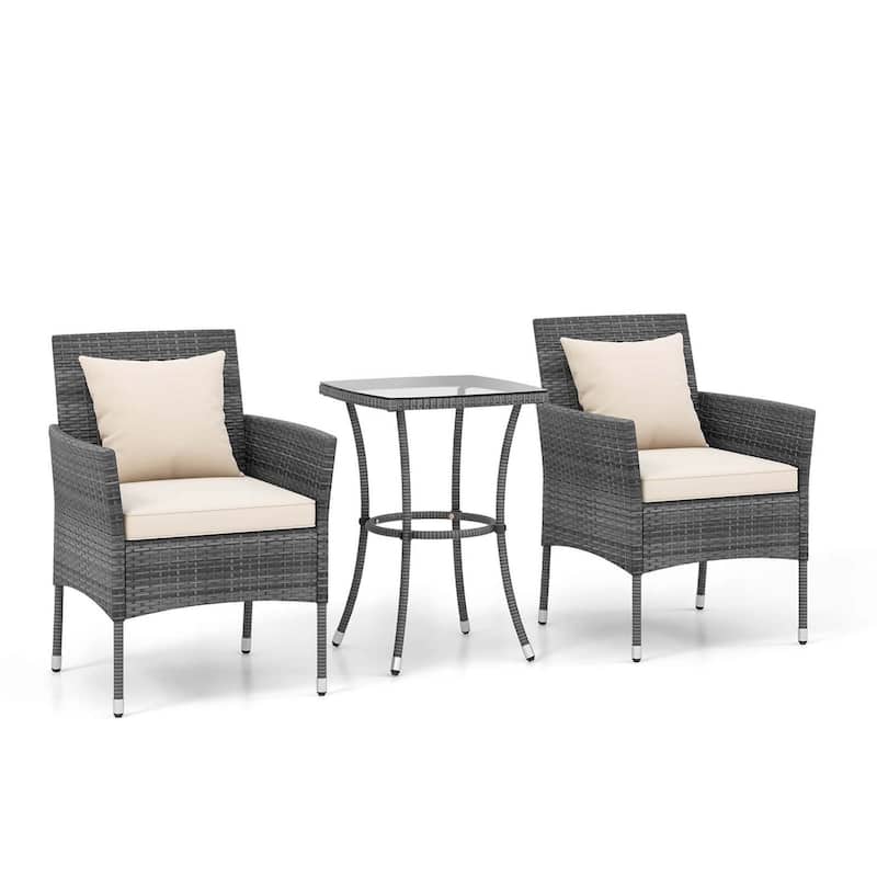 3PCS Patio Furniture Set Wicker Conversation Bistro Set w/Side Table - Beige
