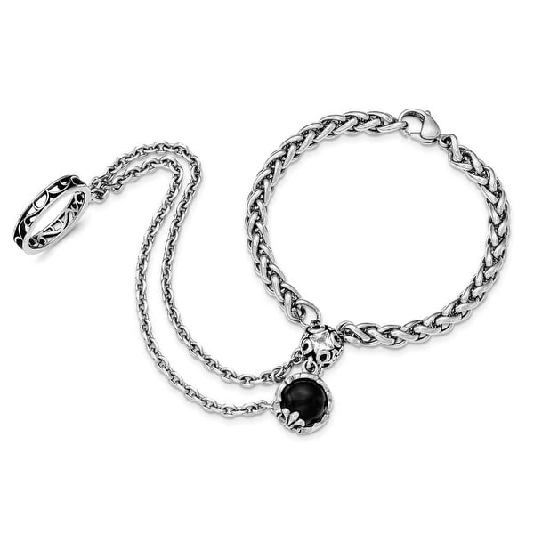 Stainless Steel Antiqued/Polished Crystal/Glass Connected Bracelet & Ring