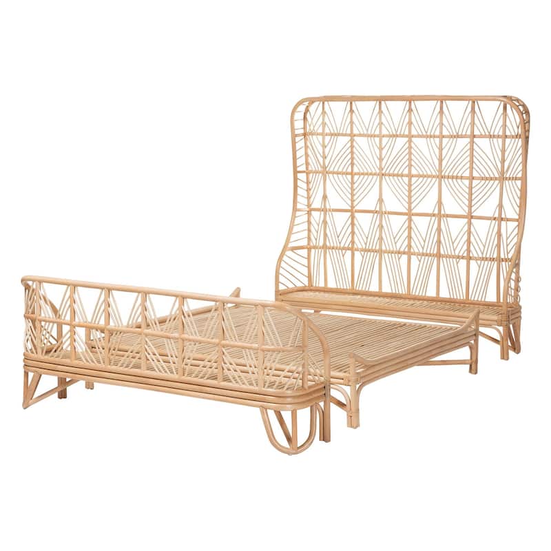 Hadley Natural Rattan Bed Frame with Openwork Geometry Headboard and Footboard, Tropical Coastal Boho Furniture, Queen