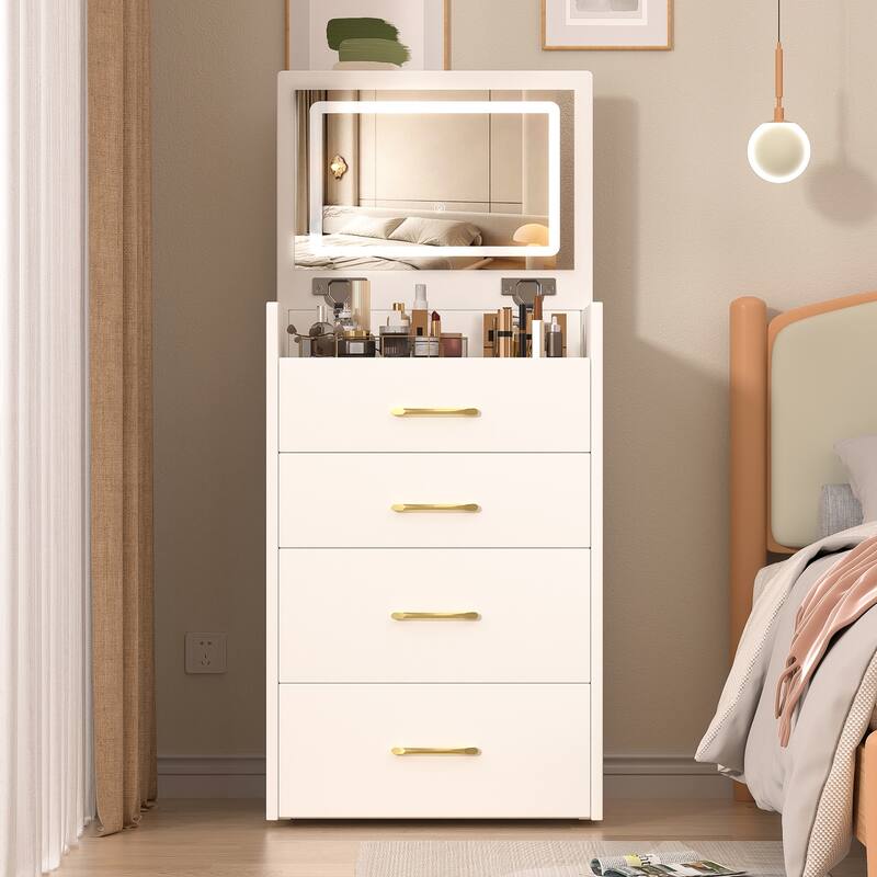 3 in 1 Small Vanity Desk Set, Vanity Table with Glass Desktop and Drawers, Makeup Table with Lights and Open Top Mirror