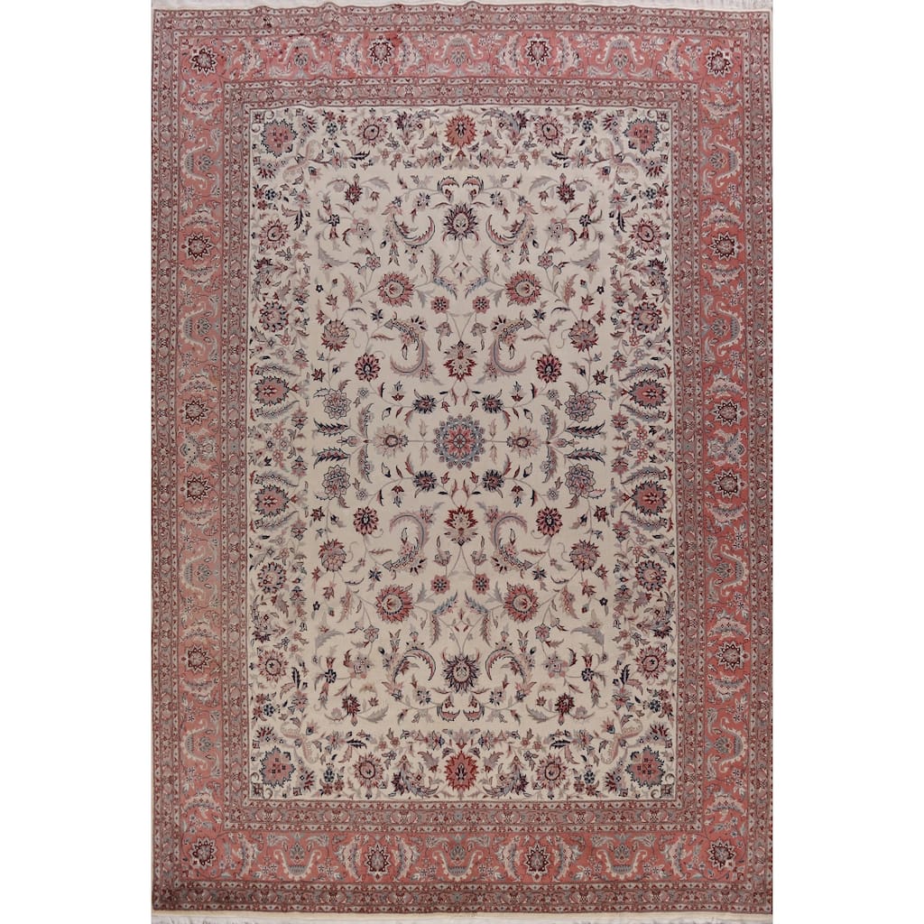 Ivory Floral Kashan Oriental Vintage Area Rug Hand-Knotted Wool Carpet - 8'6" x 11'7"