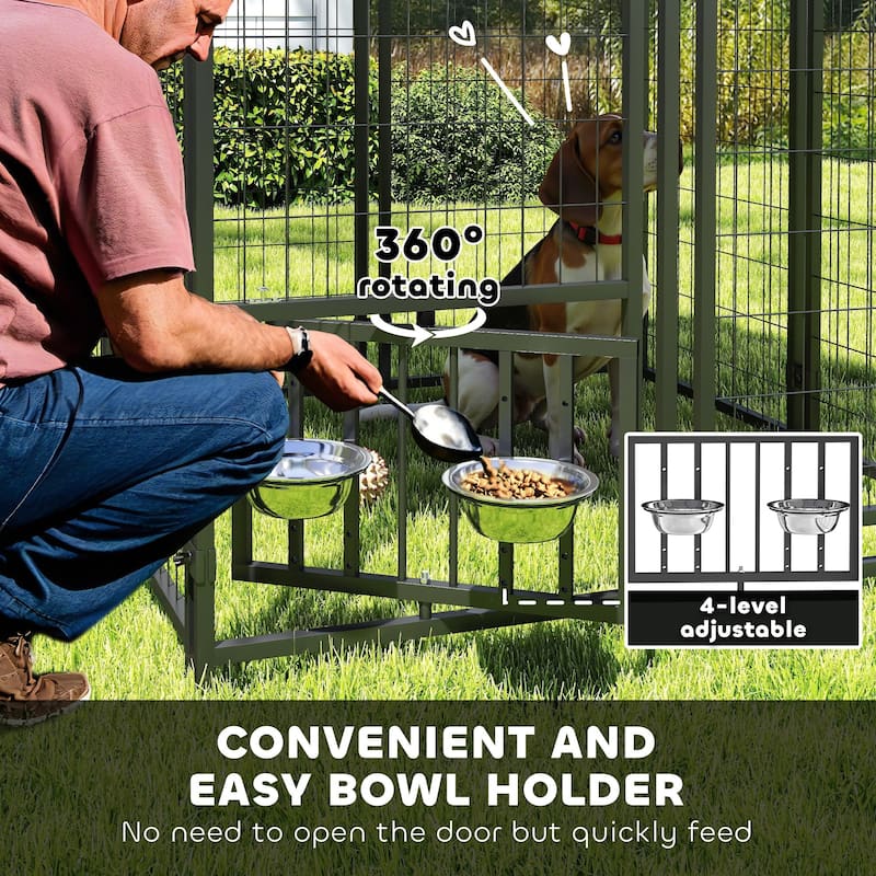 PawHut Outdoor Dog Kennel, Dog Run Welded Wire Heavy Duty with Rotatable & Height Adjustable Bowls, Dog Kennel Outside - N/A