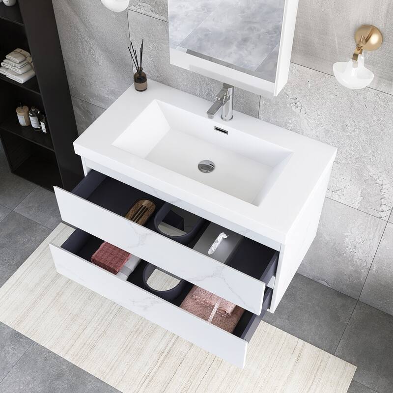 Floating Bathroom Vanity Integrated White Resin Sink