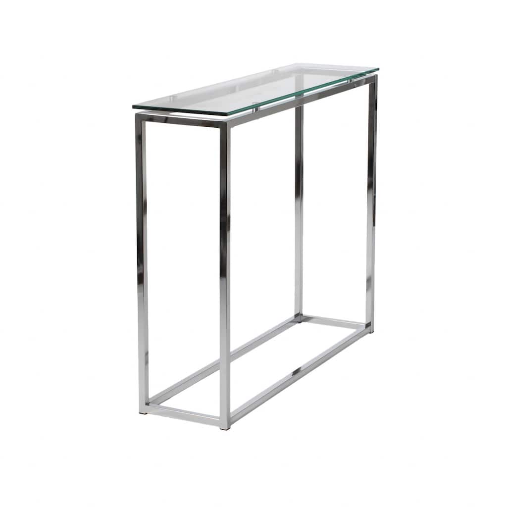 Clear Glass Chrome Console Table Rectangular Steel Sled Base - 35.83" L x 10.04" W x 30.32" H