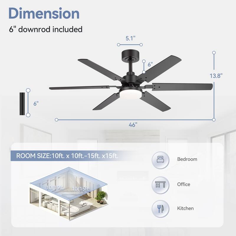 2pcs 46-inch Reversible 6-Blade LED Ceiling Fan with Light Kit and Remote