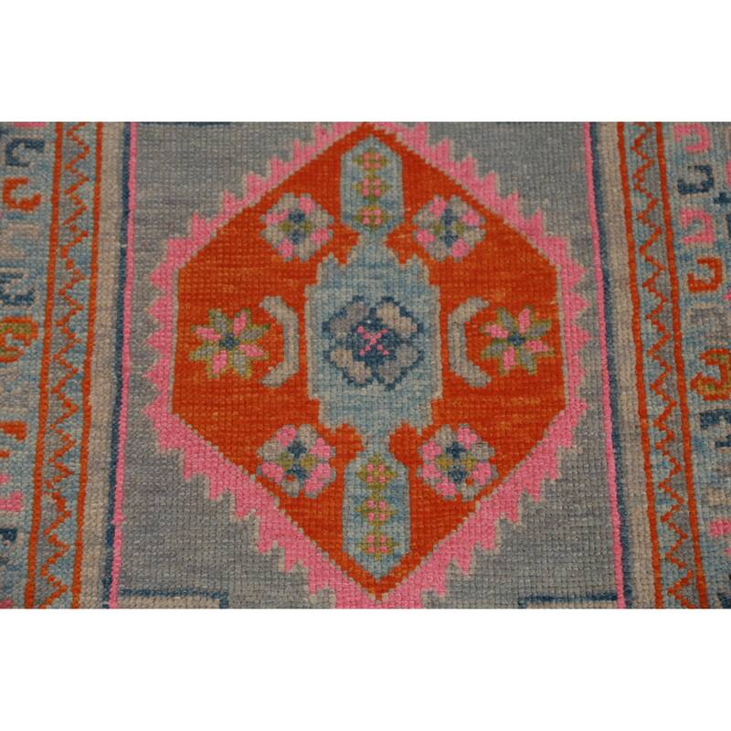 Hand Knotted Oriental 100% Wool Carpet Transitional Geometric Navy Blue & Blues Oushak Runner Rug - 14' 4'' X 3' 1''