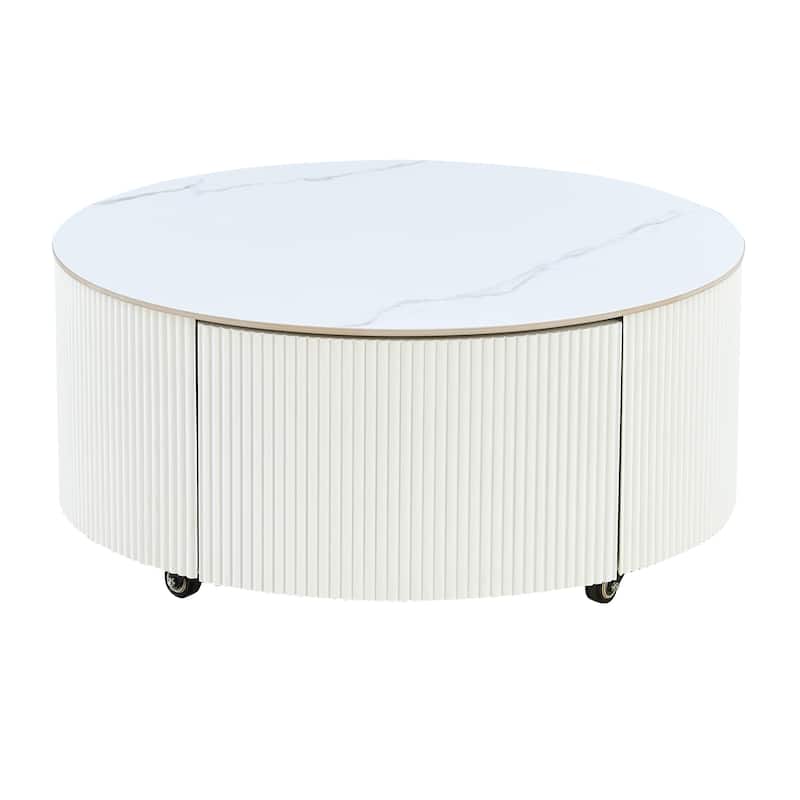 Luxury Faux Marble Coffee Table, Small Round Movable Center Table with Casters, Modern Cocktail Tea Table with 2 Storage Drawers