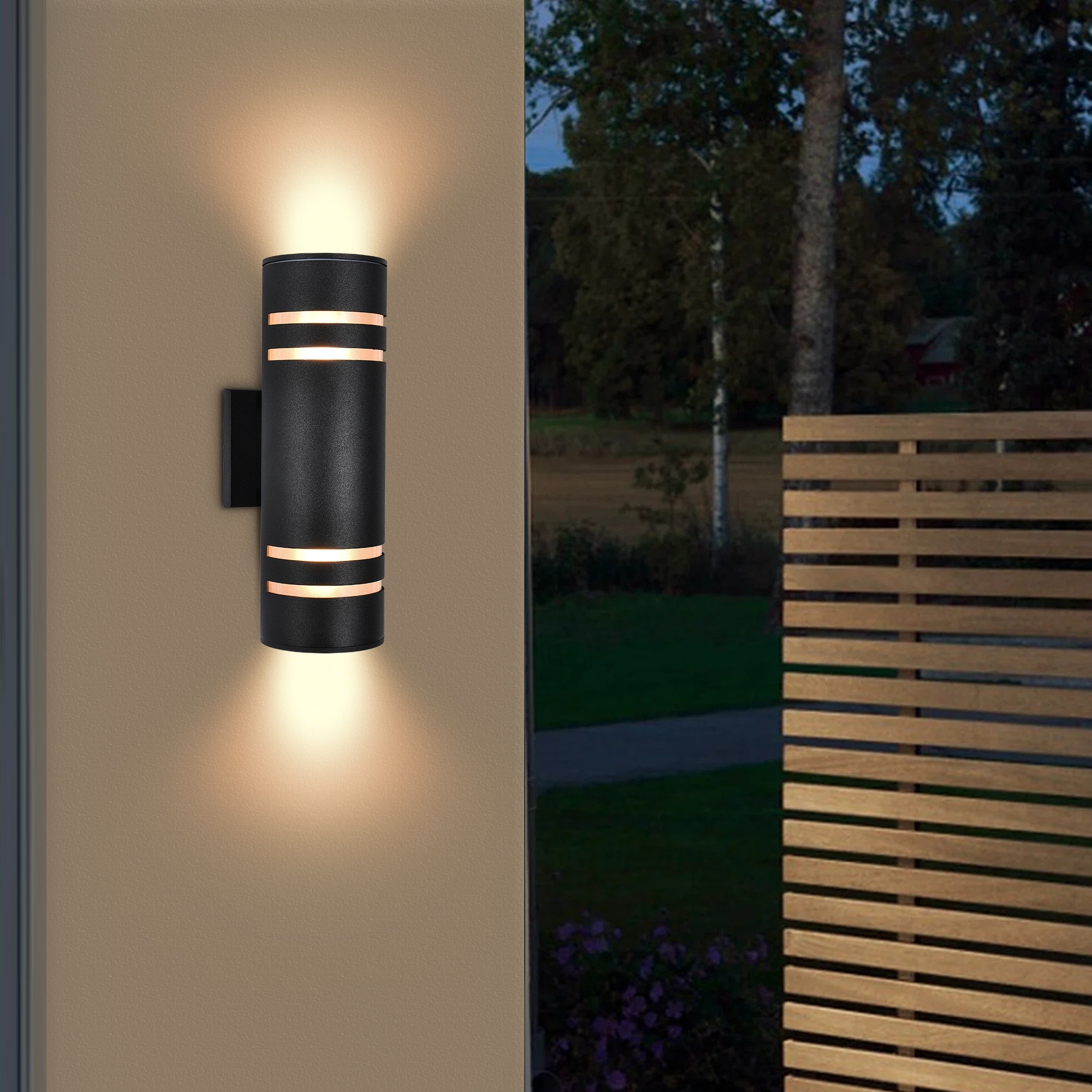 Rennnsan 2-Light Industrial Black Linear Cylinder Patio Light Waterproof IP54 Lantern Outdoor Wall Sconces with Light Sensor