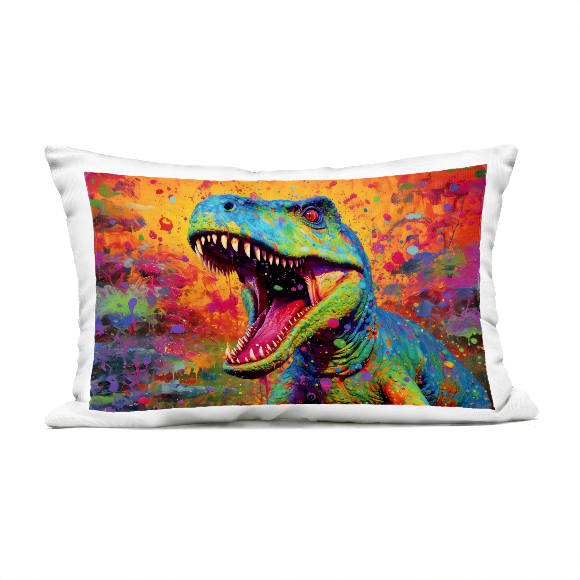 Stupell Colorful T-Rex with Splatter Printed Outdoor Throw Pillow Design by Creative Studio