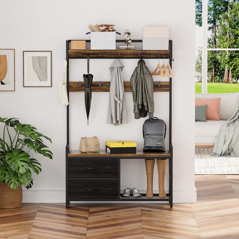 Anmytek 33.1 Inch Wide Hall Tree Entryway Bench with Shoe Storage Shelves Garment Racks 23 Hooks and 2 Movable Drawers