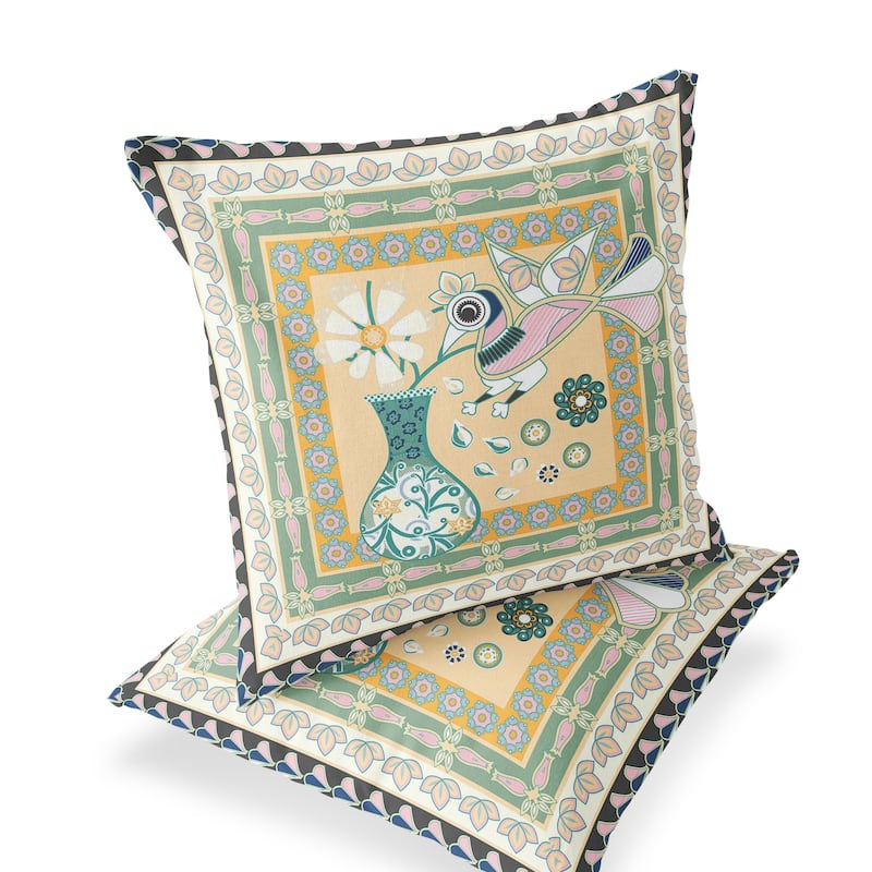 HomeRoots Set of Two 16" X 16" Beige and Green Peacock Blown Seam Floral Indoor Outdoor Throw Pillow - 16.00' X '16.00' X '5.00