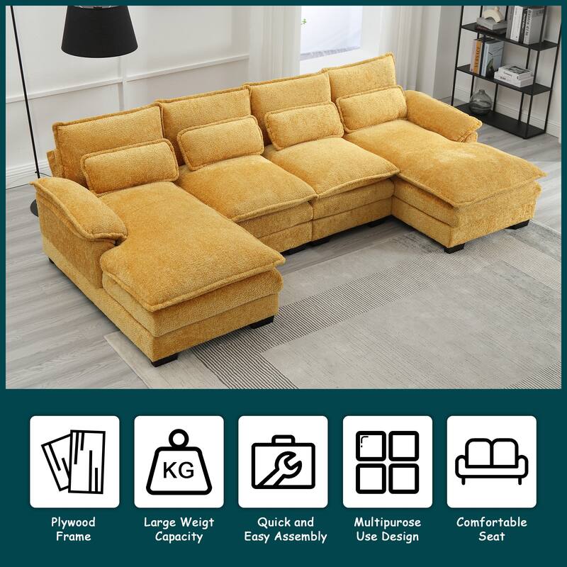 Modern Large chenille Fabric U-Shape Sectional Sofa with Ottomans, Reversible Sofa Couch for Living Room