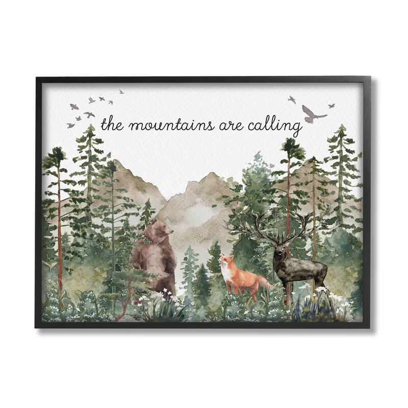 Stupell Mountains Are Calling Wilderness Animals Woodlands Trees Framed Wall Art - Green - 30 x 24 - Black