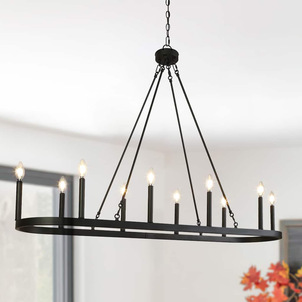 Modern Farmhouse Black 10-Light Chandelier Large Linear Kitchen Island Light for Dining Room - L 50" x W 12.6" x H 7.1"