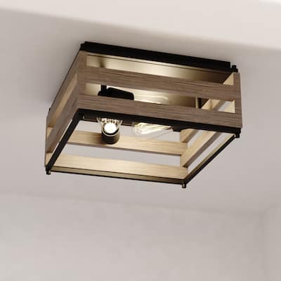 Ravenswood 13-in W Black and Wood Slat Square Farmhouse Flush Mount Ceiling Light Fixture - 13-in W x 6.75-in H x 13-in D