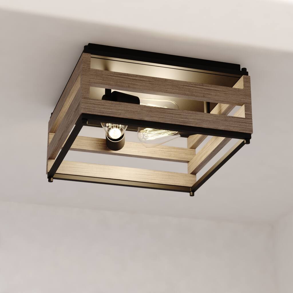 Ravenswood 13-in W Black and Wood Slat Square Farmhouse Flush Mount Ceiling Light Fixture - 13-in W x 6.75-in H x 13-in D
