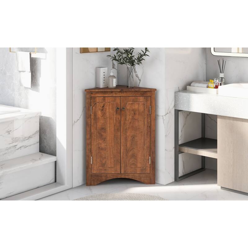 GDFStudio - Triangle Corner Storage Cabinet with Adjustable Shelves, Freestanding Floor Cabinet