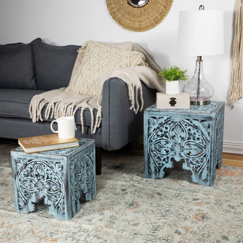 Set of 2 Antique Blue Square Stackable Nesting Side Table Stool 16"