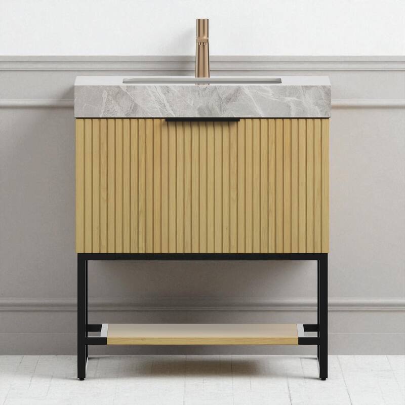 30" Freestanding Bathroom Vanity with Undermount Ceramic Sink Sintered Stone Top Drawer and Open Shelf - Golden Oak