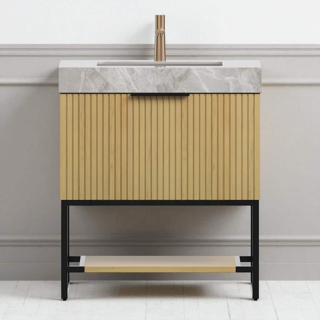 30" Freestanding Bathroom Vanity with Undermount Ceramic Sink Sintered Stone Top Drawer and Open Shelf