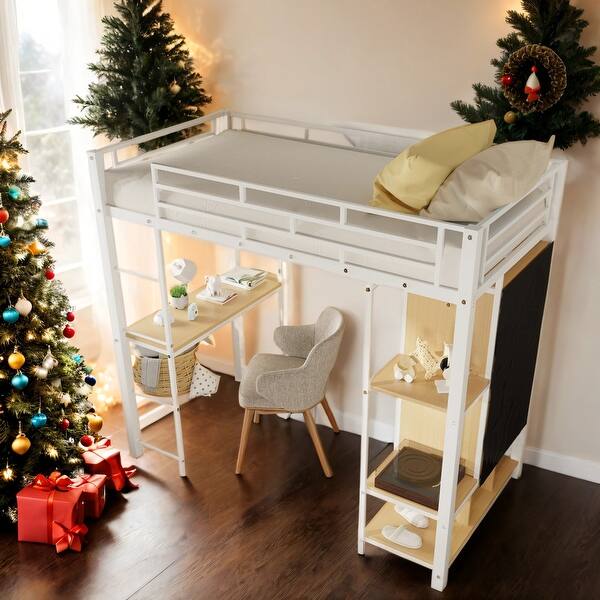 slide 2 of 36, Metal Twin Size Loft Bed with Built-in Wardrobe,Desk and Shelves,Kids Bed Design White