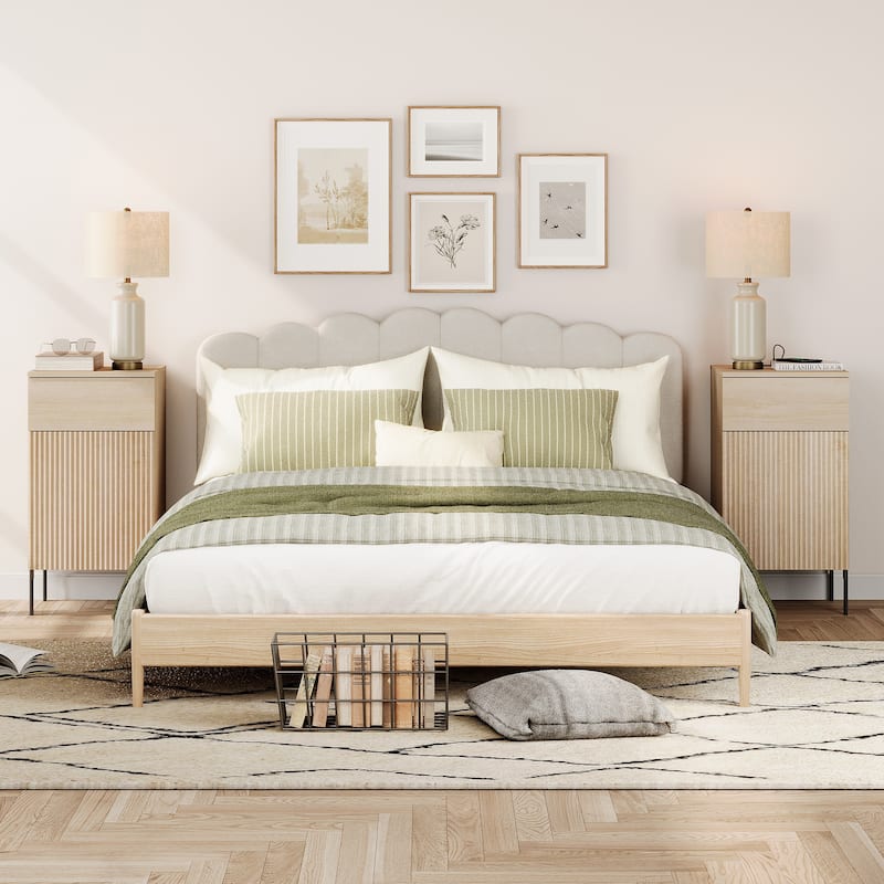 Modern Minimalist Nightstand Set Of 2 With Built-In Outlets, Reed Pattern Design