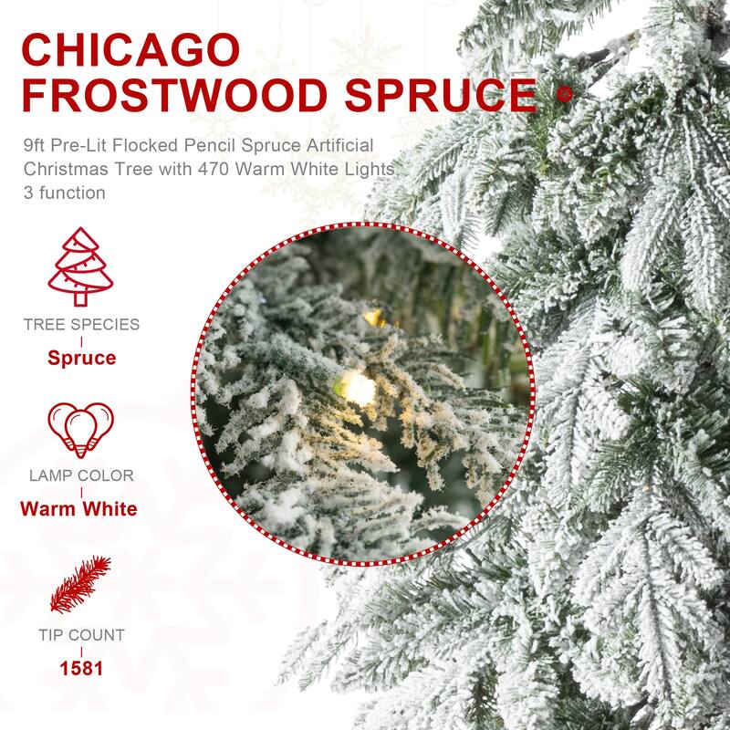 Glitzhome Pre-Lit Flocked Pencil Spruce Artificial Christmas Tree with Warm White Lights