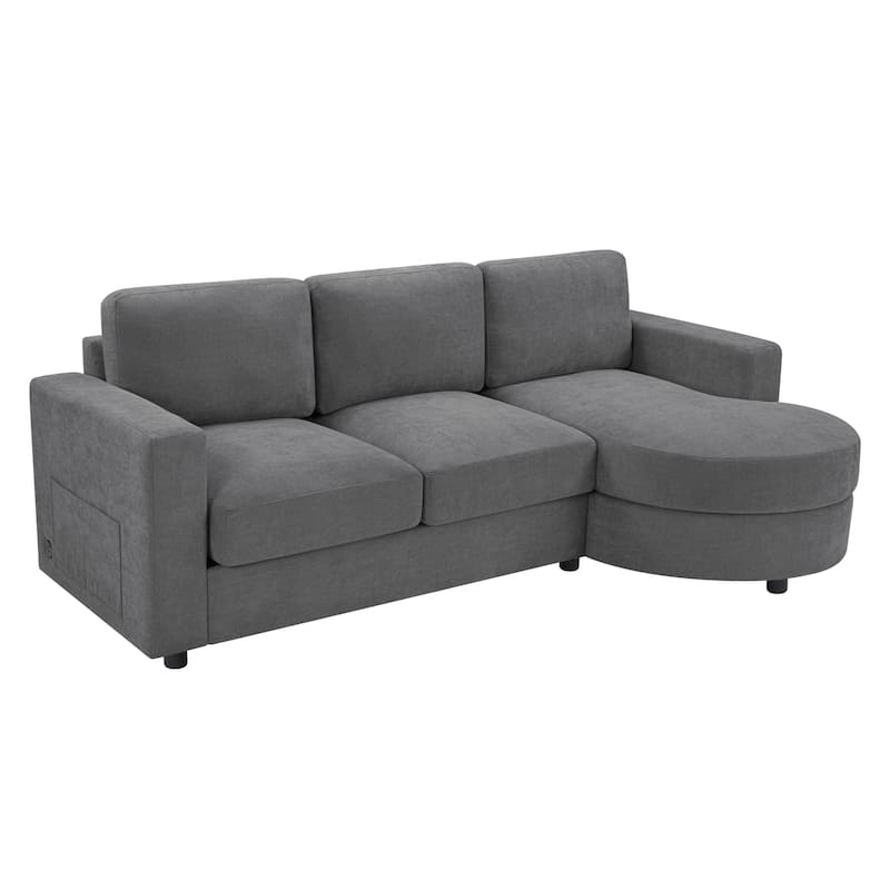 L-Shape Sectional Sofa with Curved Chaise Lounge, Chenille Fabric 3 Seater Sofa with USB Ports & Storage Pockets