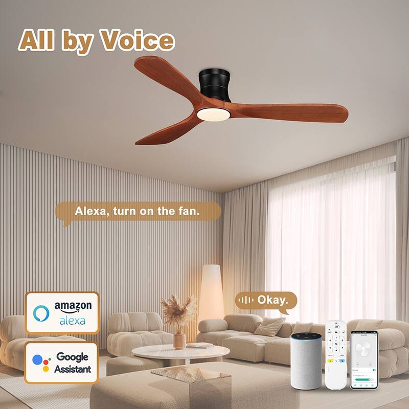 52 in.Wood Smart Outdoor Indoor Flush Mount Ceiling Fans with Lights Remote,WIFI Alexa App workable,Quiet DC Motor