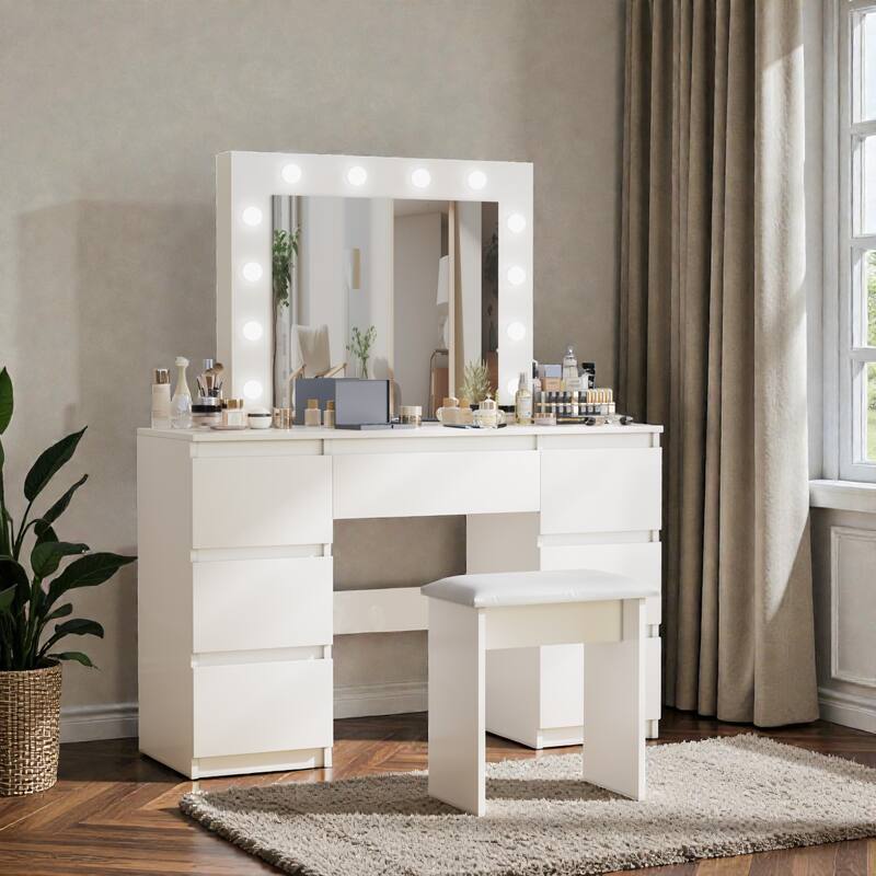 Large White Vanity Table with Mirror and 12 LED Lights, Makeup Desk with Deep Storage Drawers for Bedroom & Dressing Room