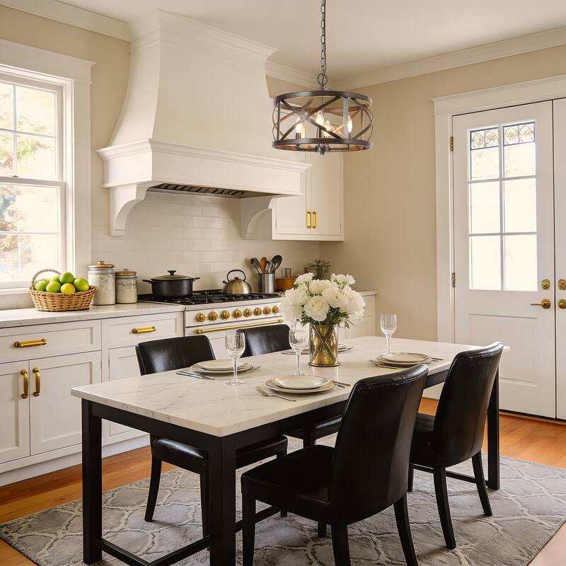 Modern Farmhouse 4-Light Drum Chandelier Wood Grain Lights for Dining Room - D15.5" x H76"