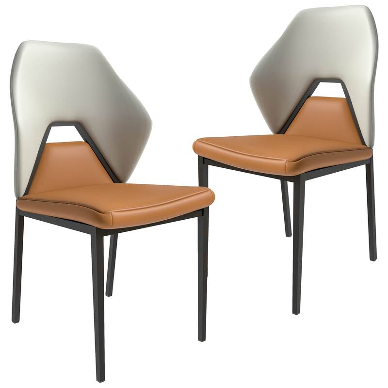 Eclat 2-Piece Leather Dining Chair in Black Iron Modern Accent Kitchen Side Chair - Brown