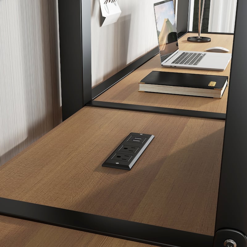 Twin Over Twin Metal Loft Bed with Double Desk, Wardrobe & Shelves