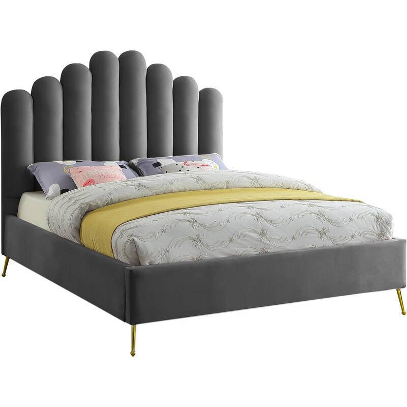Velvet Platform Bed - Upholstered Bed with Tufted Headboard & Gold Legs
