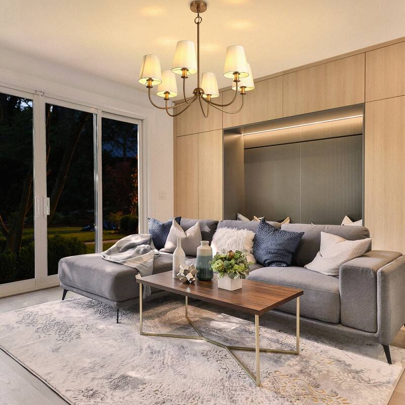 Mid-Century Modern Gold 6-Light Wheel Chandelier with Fabric Shade for Dining Room - 27" D x 24.5" H