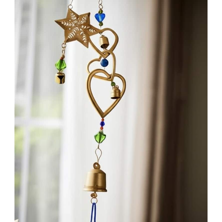 Glass Metal Bells and Windchimes Hearts Stars - 39" Gold/Blue - 7" x 2.5" x 39"