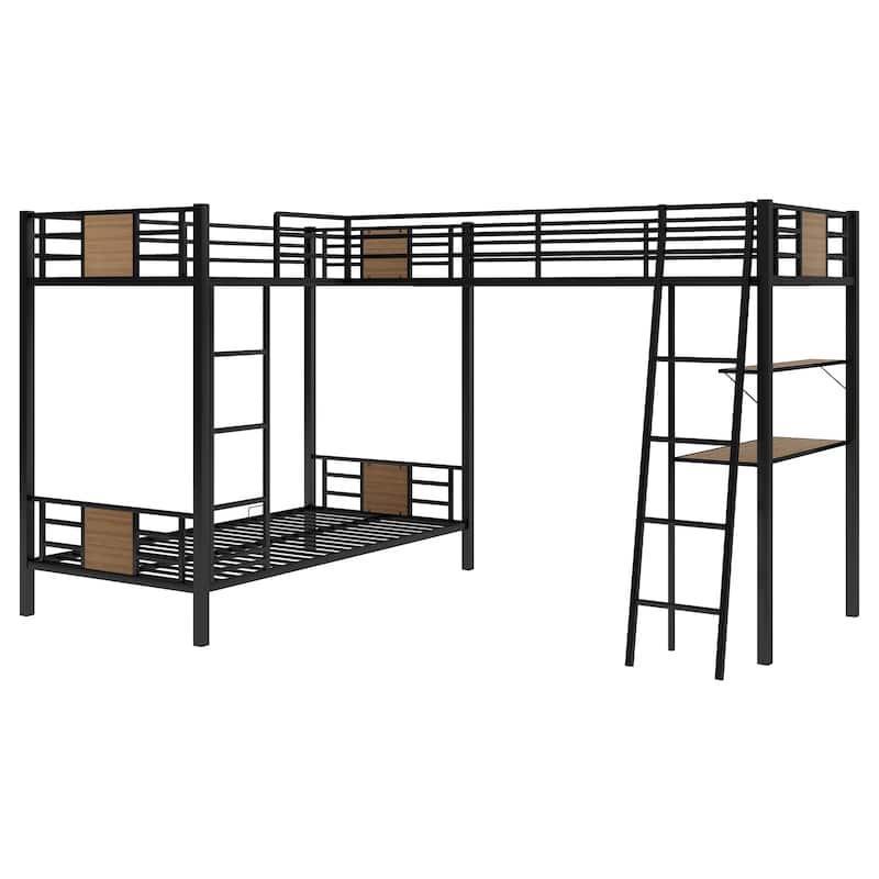 L Shaped Metal Bunk Bed Frame, Twin over Twin Bunk Bed and Twin Size Loft Bed with Built In Desk and Shelf