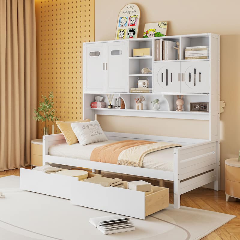 Twin Size Wooden Daybed with 2 Drawers, All-in-One Cabinet and Shelf for Bedroom - White - Twin