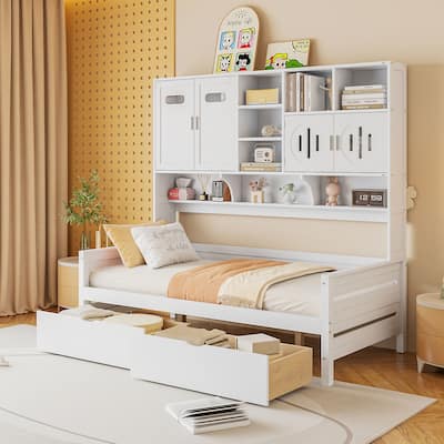 Twin Size Wooden Daybed with Two Drawers, All-in-One Cabinet, and Shelf